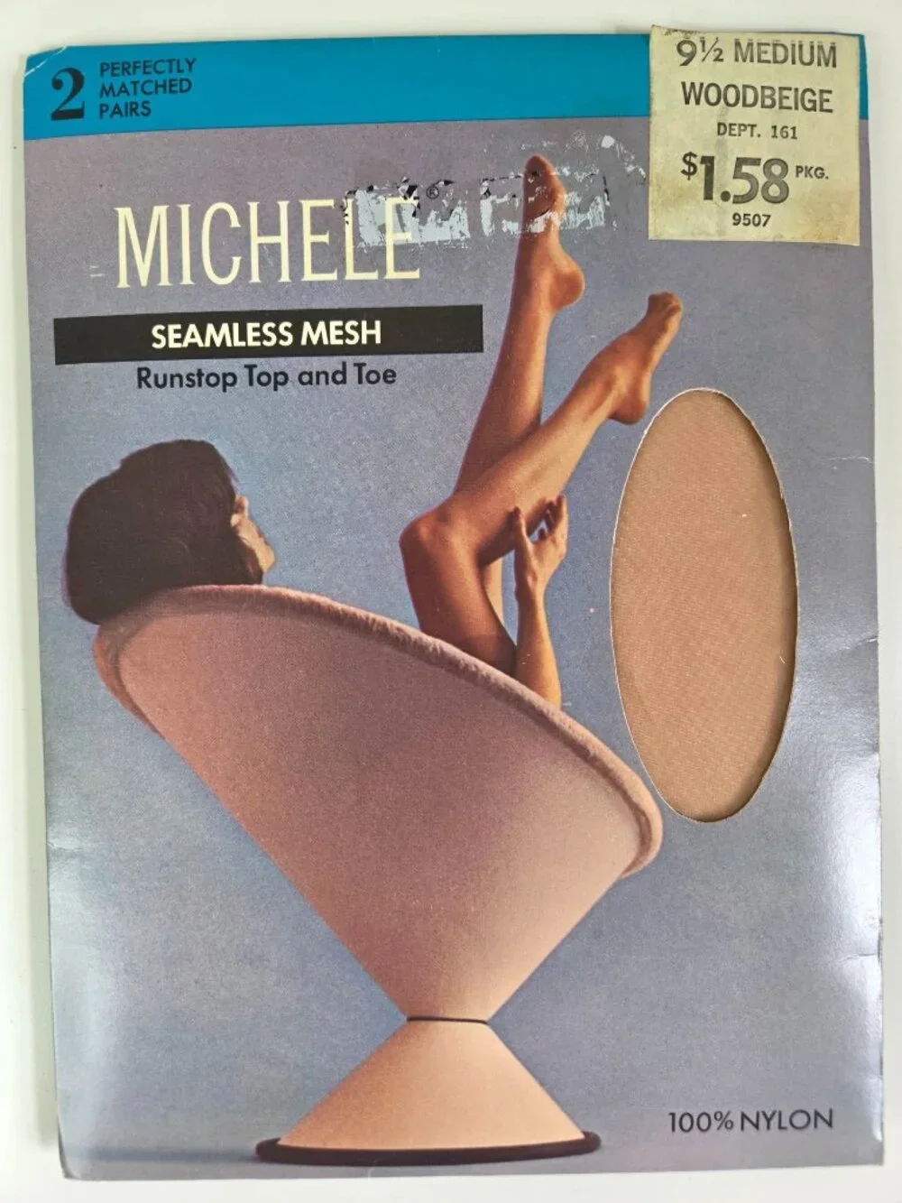 Vtg Michele Seamless Mesh 100% Nylon Stockings 9 1/2 Medium Wood Beige 2 Pairs